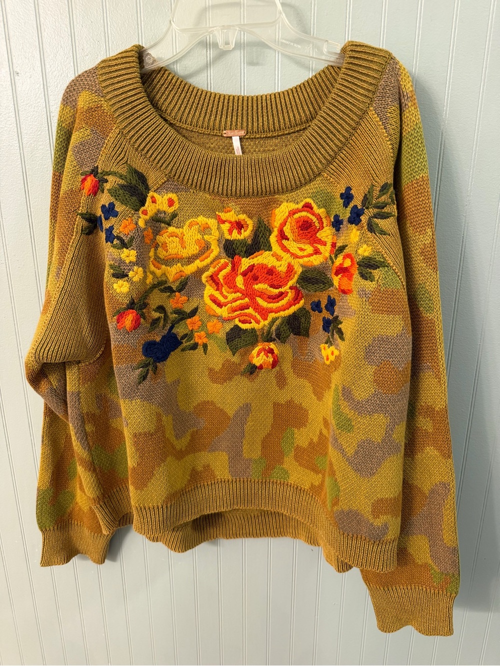 Free People Floral Embroidered Mustard Pullover Sweater